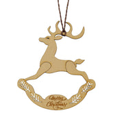 Wooden reindeer ornament with 'Merry Christmas' text on a white background