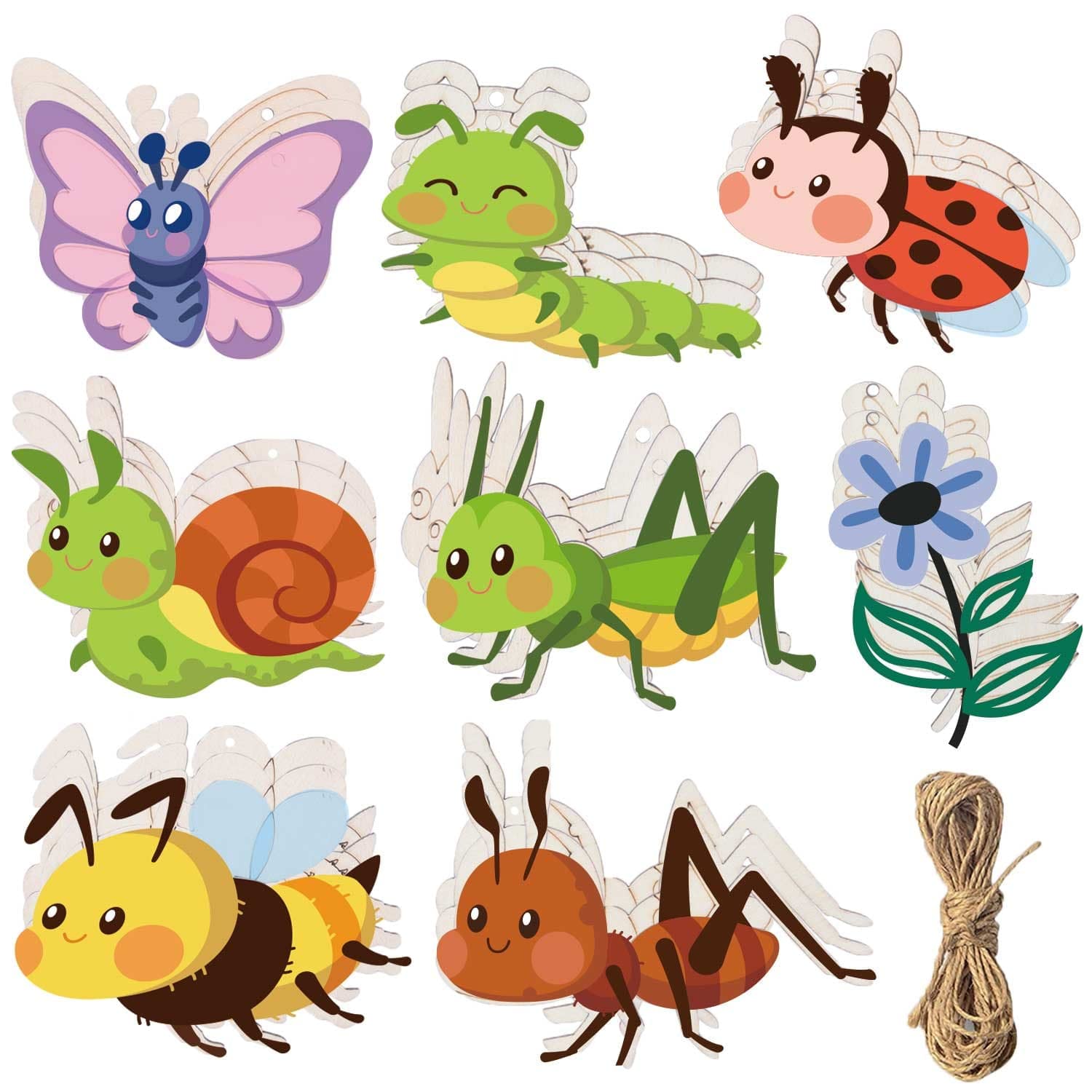 Set of colorful insect-shaped wooden toys with string on a white background