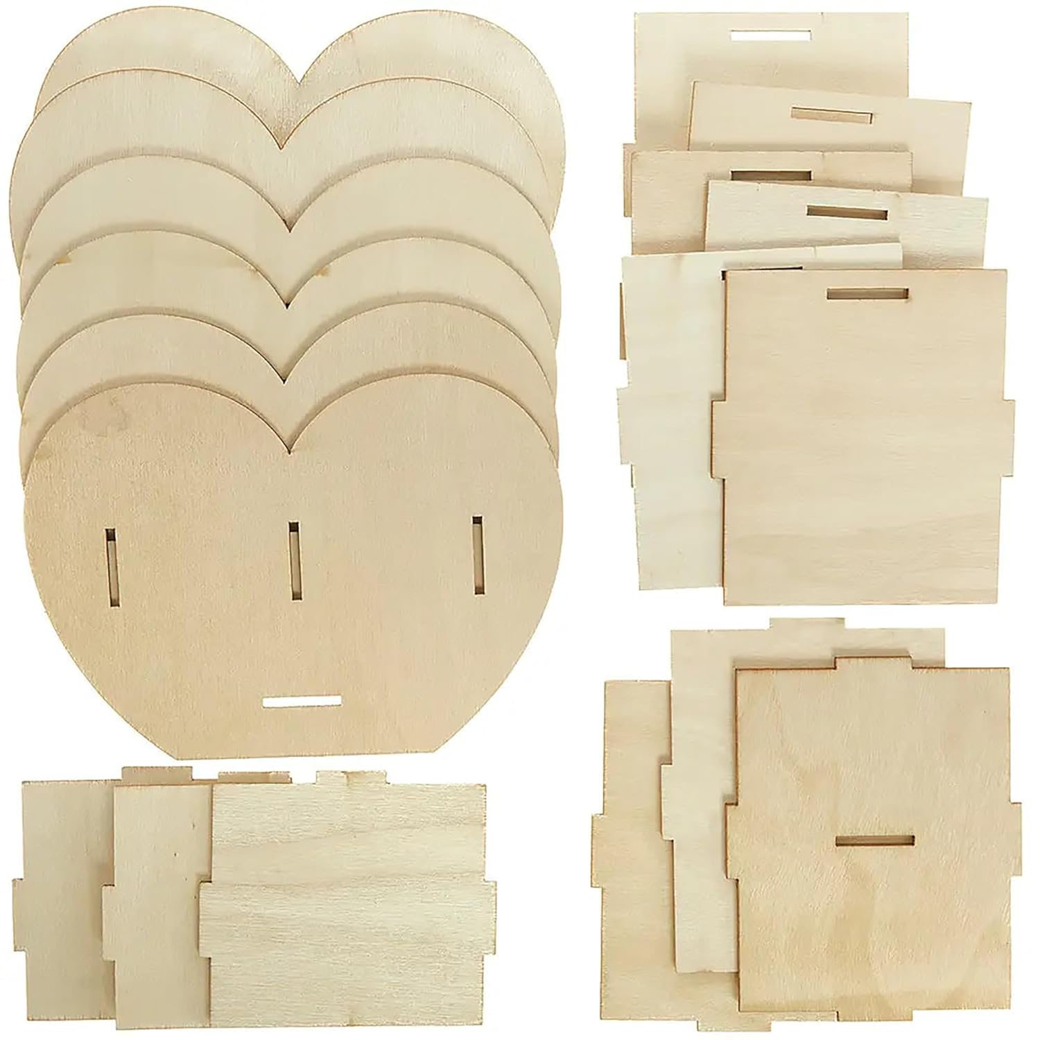Collection of wooden heart shapes and other cutouts on a white background