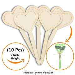 Set of heart-shaped wooden picks with details on size and material on a white background