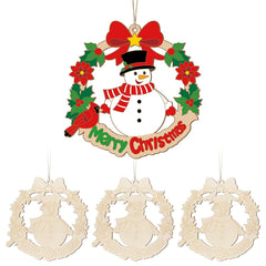 Christmas ornament with snowman, wreath, and 'Merry Christmas' text on a white background.