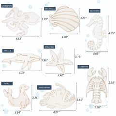 Measurement chart of various sea creature shapes with dimensions.