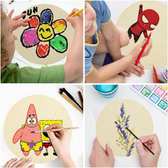 Collage of children drawing on round canvases with various characters.