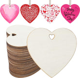 Heart-shaped wooden tags with printed designs and plain white heart tag.