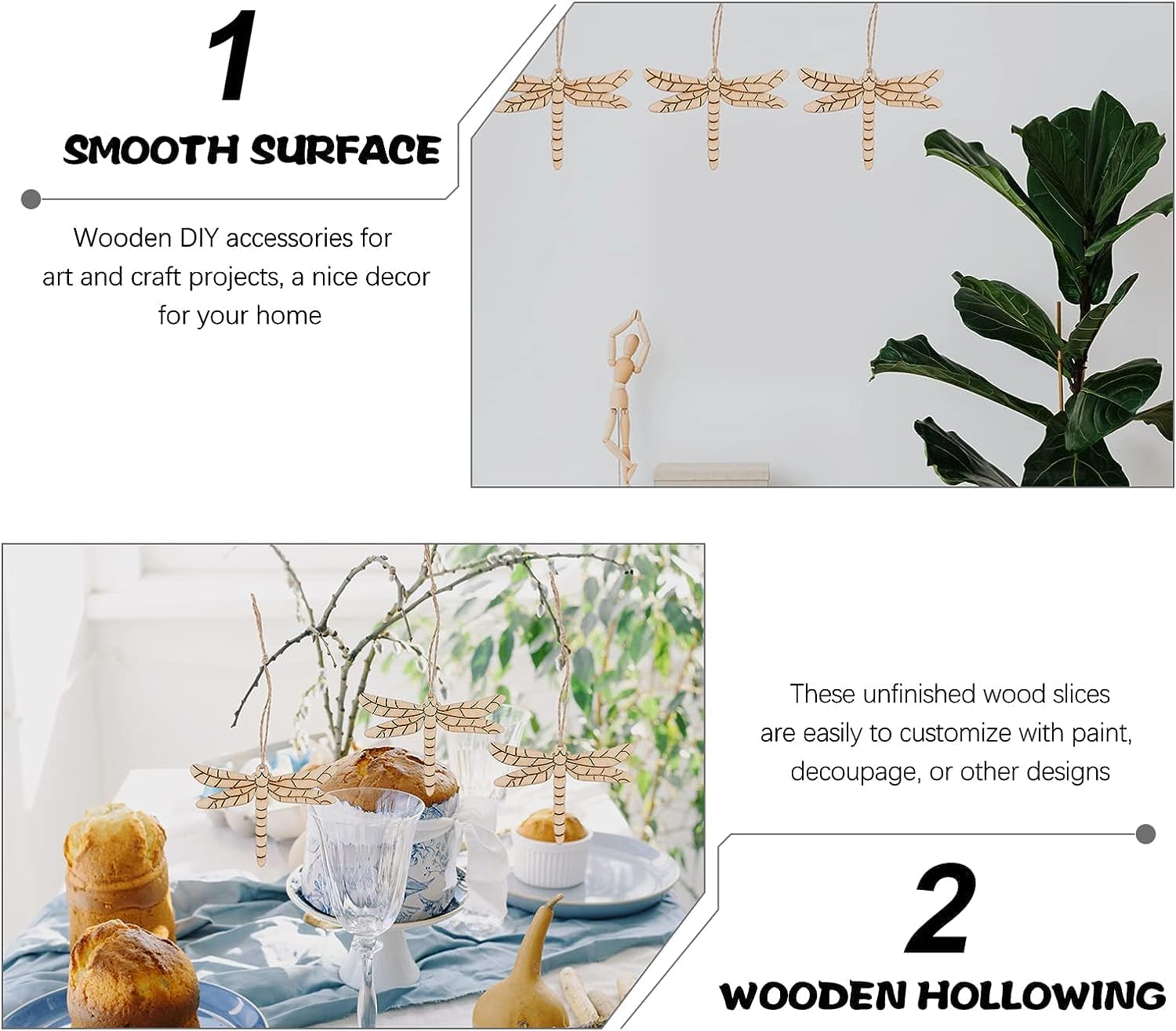 Wooden DIY accessories for art and craft projects with text on a white background.