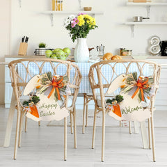 Decorative Easter signs on chairs with a kitchen background