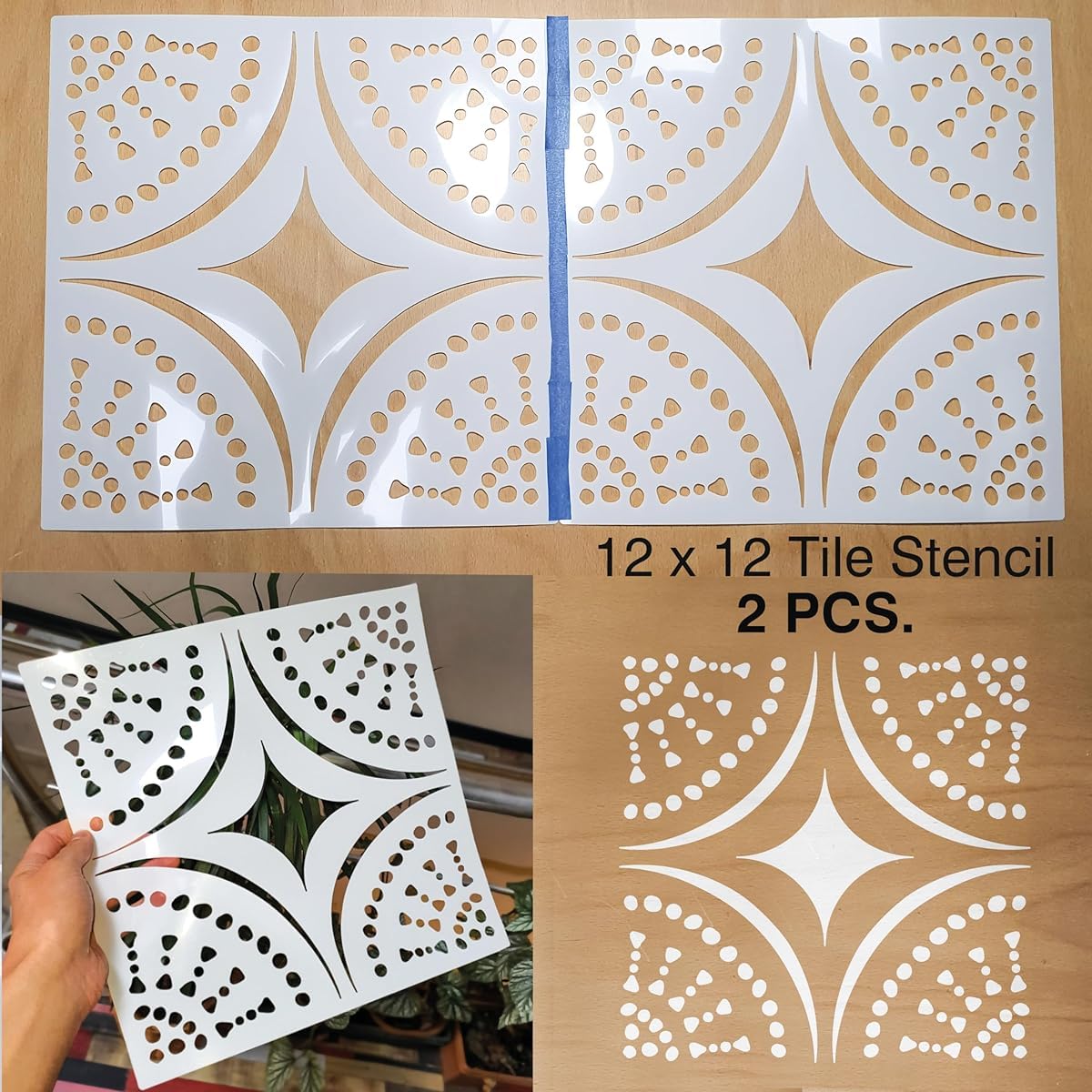 12 x 12 Tile Stencil with geometric pattern on a wooden surface