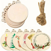 Set of wooden tags with Christmas designs and a string on a white background