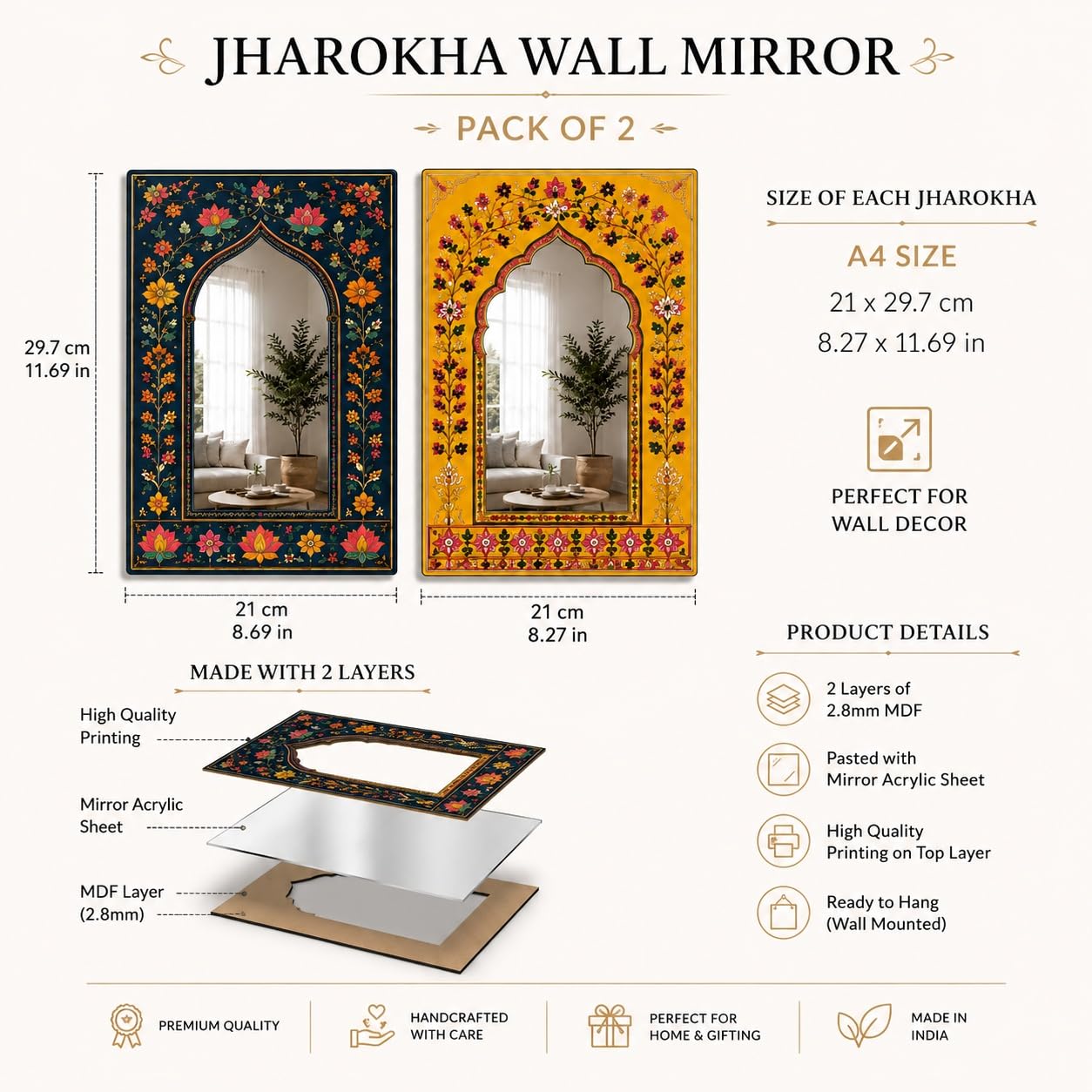 Indian Floral Arch Acrylic Mirror Wall Hanging