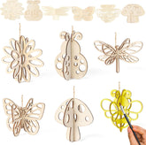 Set of wooden decorative items including butterflies, flowers, and mushrooms with a hand painting one item.