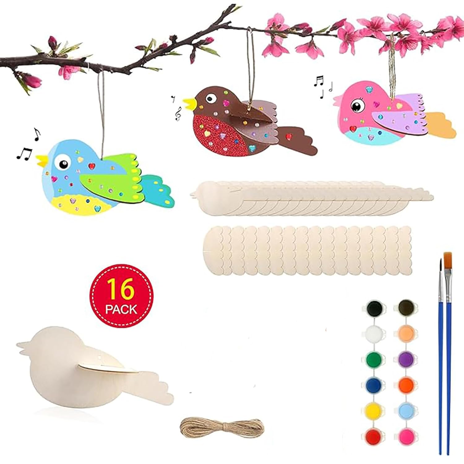 Colorful bird-shaped wooden ornaments with painting supplies on a white background