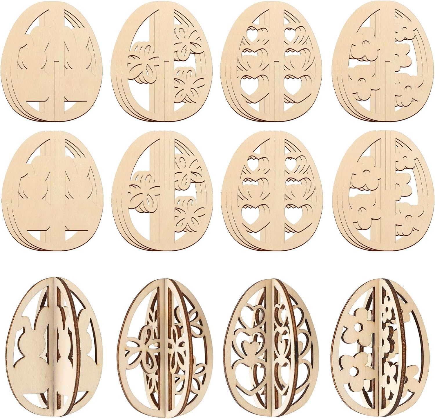 Set of wooden Easter egg decorations with intricate cut-out patterns on a white background.