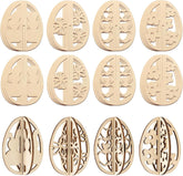 Set of wooden Easter egg decorations with intricate cut-out patterns on a white background.