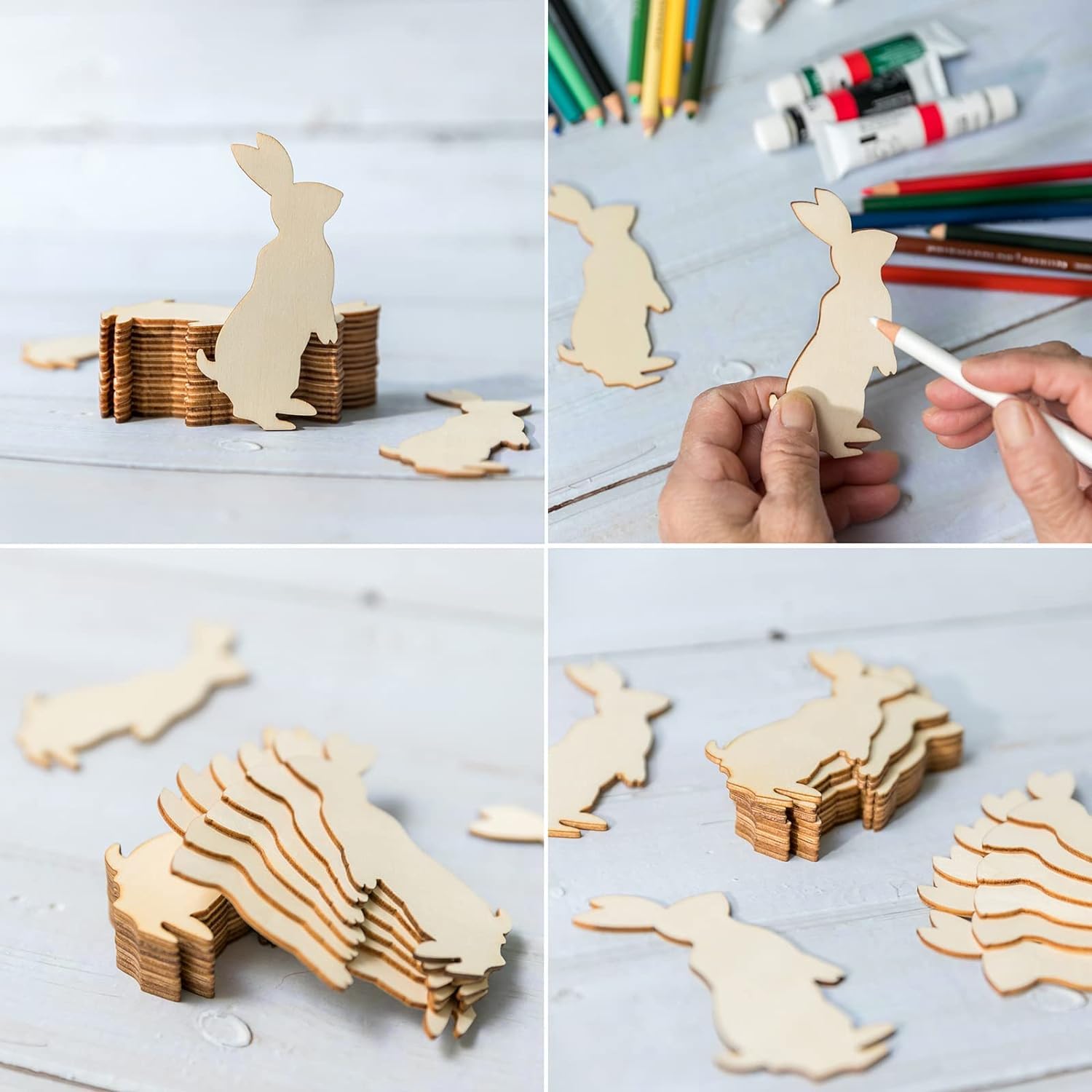 Collage of wooden rabbit shapes with painting supplies on a light background
