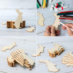 Collage of wooden rabbit shapes with painting supplies on a light background