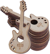 Stack of wooden guitar-shaped cutouts on a white background