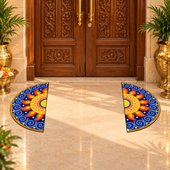 traditional Indian rangoli decor with blue orange swirl pattern