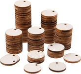 Stacks of wooden tags with white centers on a white background