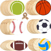 Set of wooden sports-themed cutouts including a baseball, basketball, soccer ball, football, and volleyball on a white background.