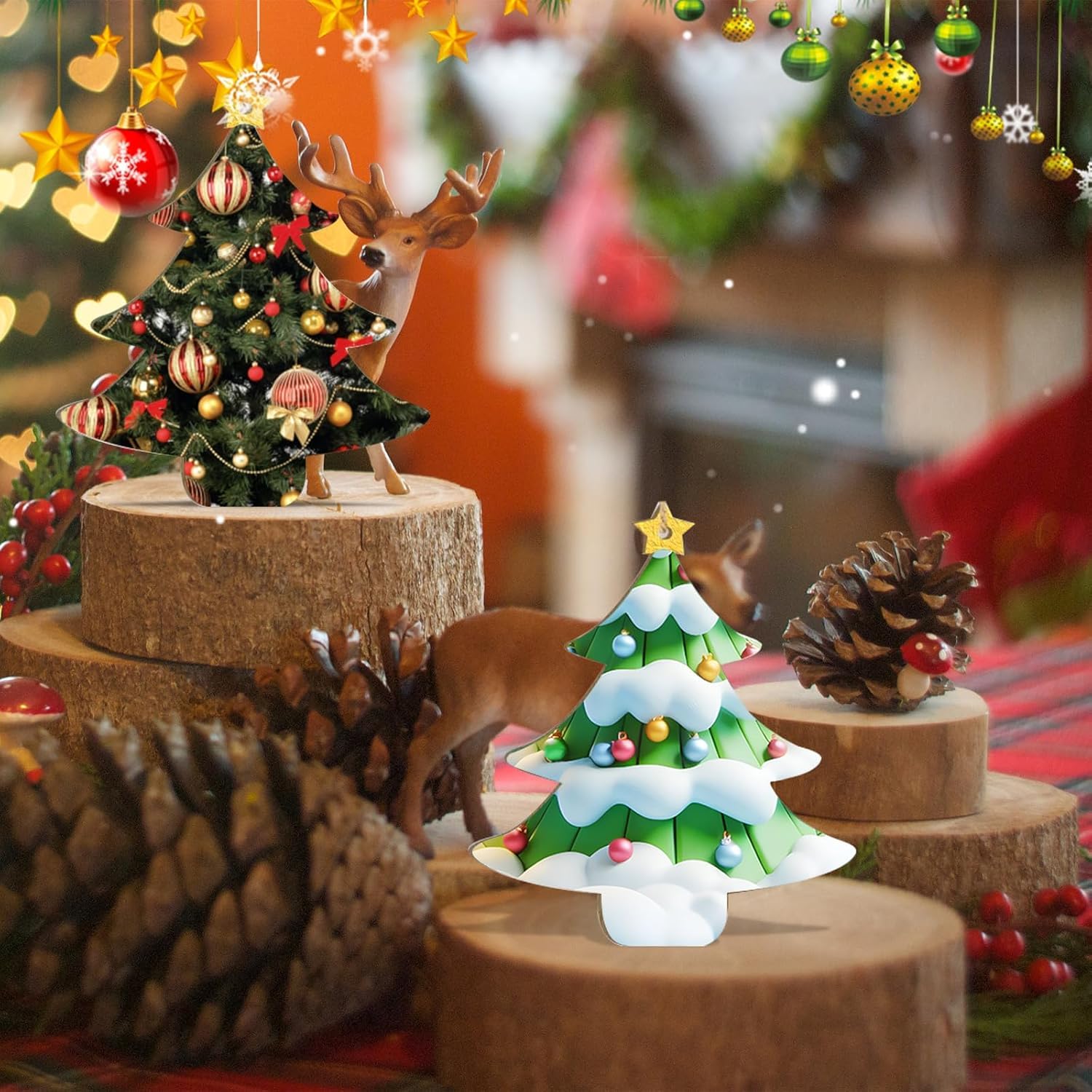 Decorative Christmas trees and deer figurines on a festive background