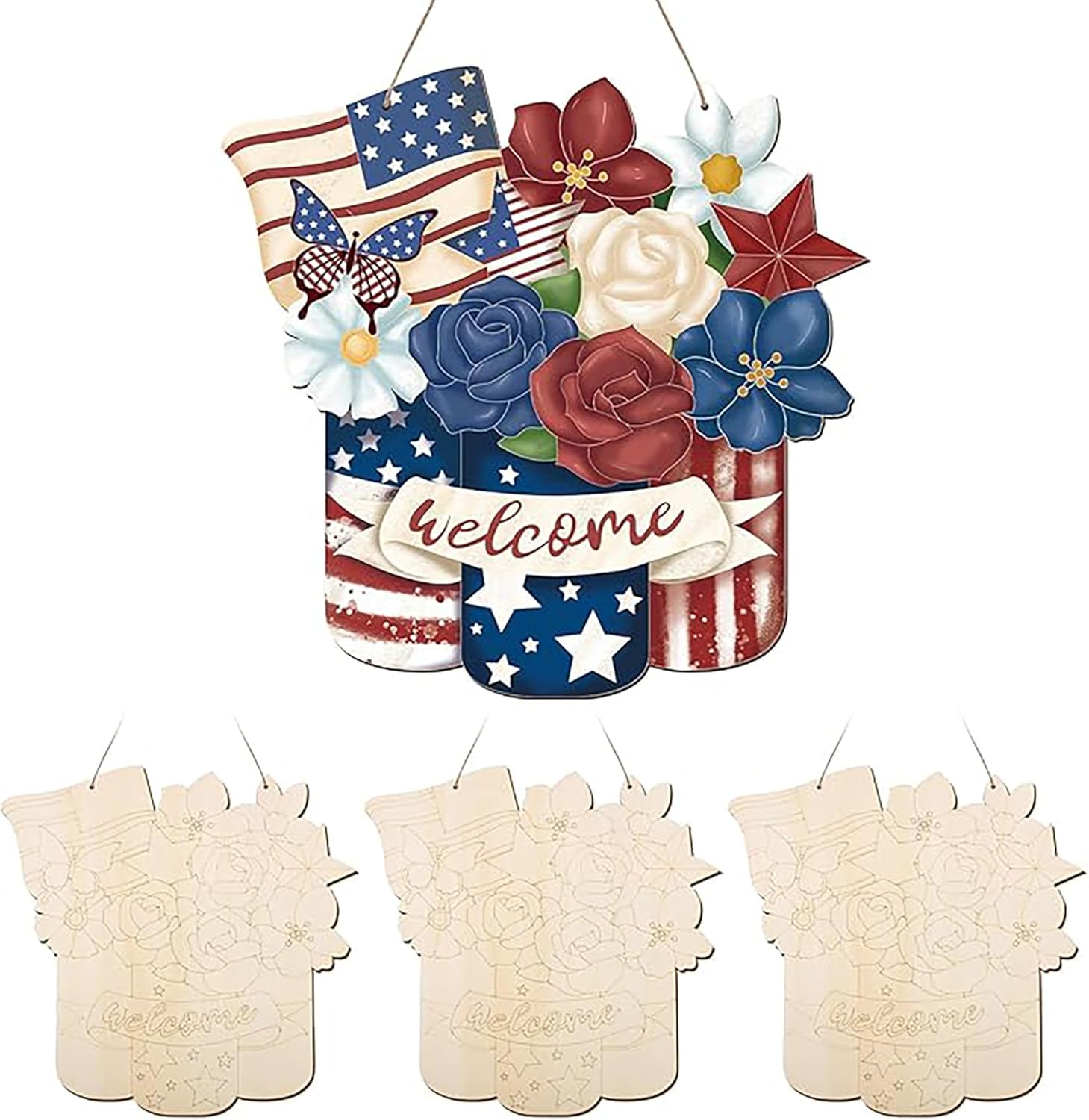 Decorative sign with flowers and American flag design, featuring the word 'Welcome'.