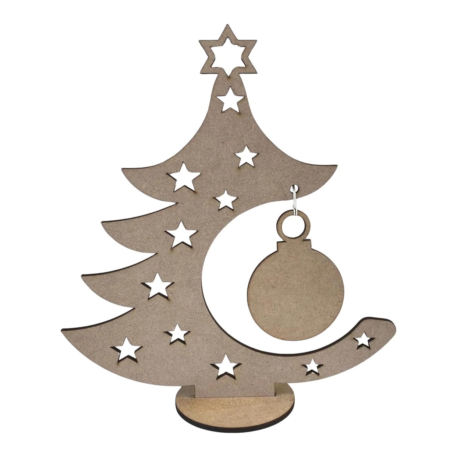 Wooden Christmas tree decoration with stars and a moon on a white background