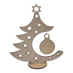 Wooden Christmas tree decoration with stars and a moon on a white background