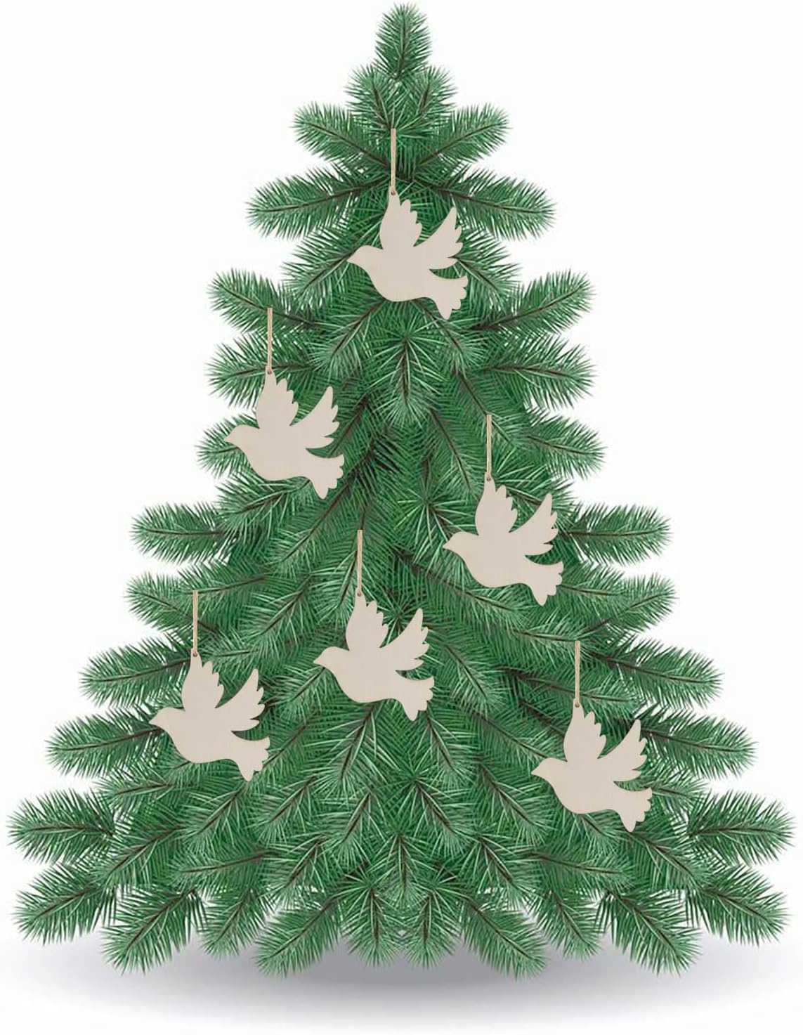 Green Christmas tree with white dove ornaments on a white background