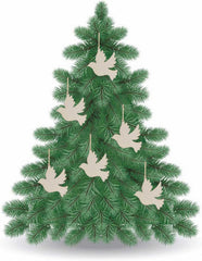 Green Christmas tree with white dove ornaments on a white background
