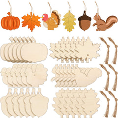 Set of wooden cutouts with fall-themed decorations including pumpkins, leaves, turkeys, acorns, and squirrels.