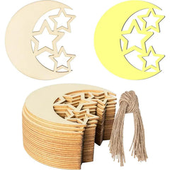 Wooden moon and star cutouts with string on a white background