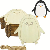 Wooden penguin decorations with jute string on a white background