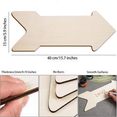 Wooden arrow-shaped cutout with measurements and usage examples on a white background