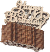 Wooden 'Happy Birthday' cake topper with wicker basket design on a white background