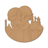 Cardboard cutout of a girl with angel wings and a cathedral background