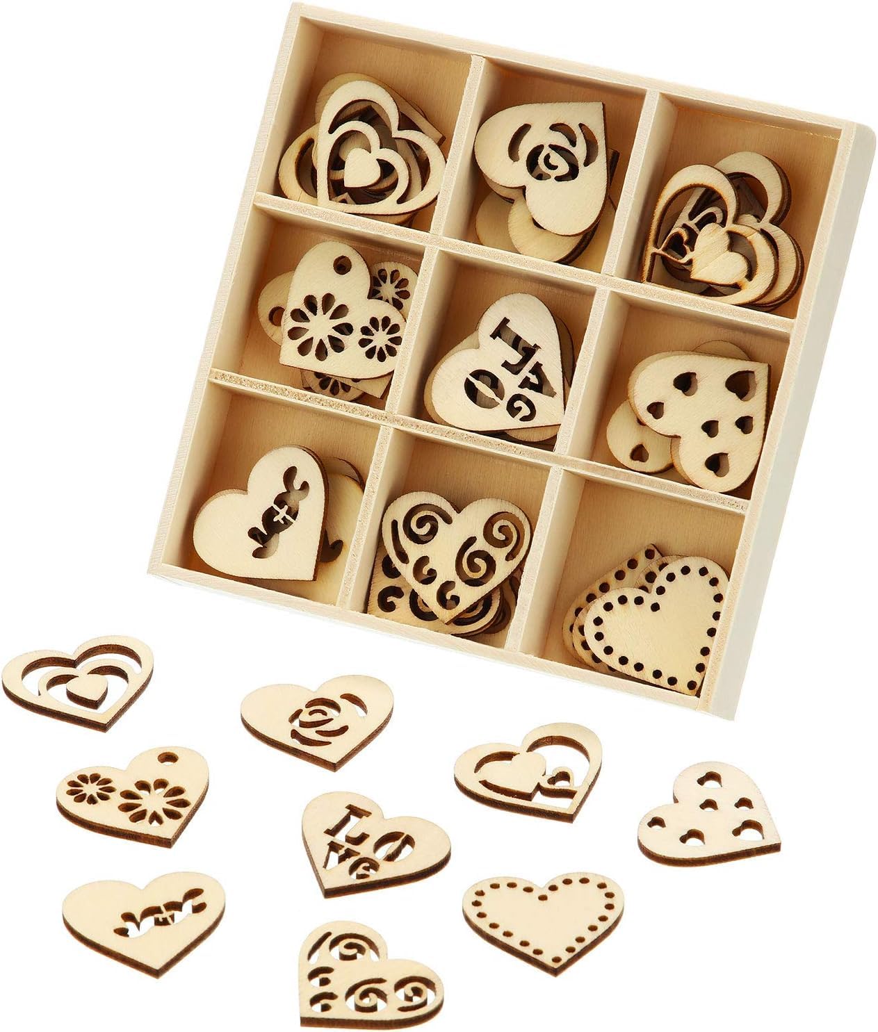 Wooden heart-shaped cutouts in a box on a white background