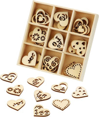 Wooden heart-shaped cutouts in a box on a white background