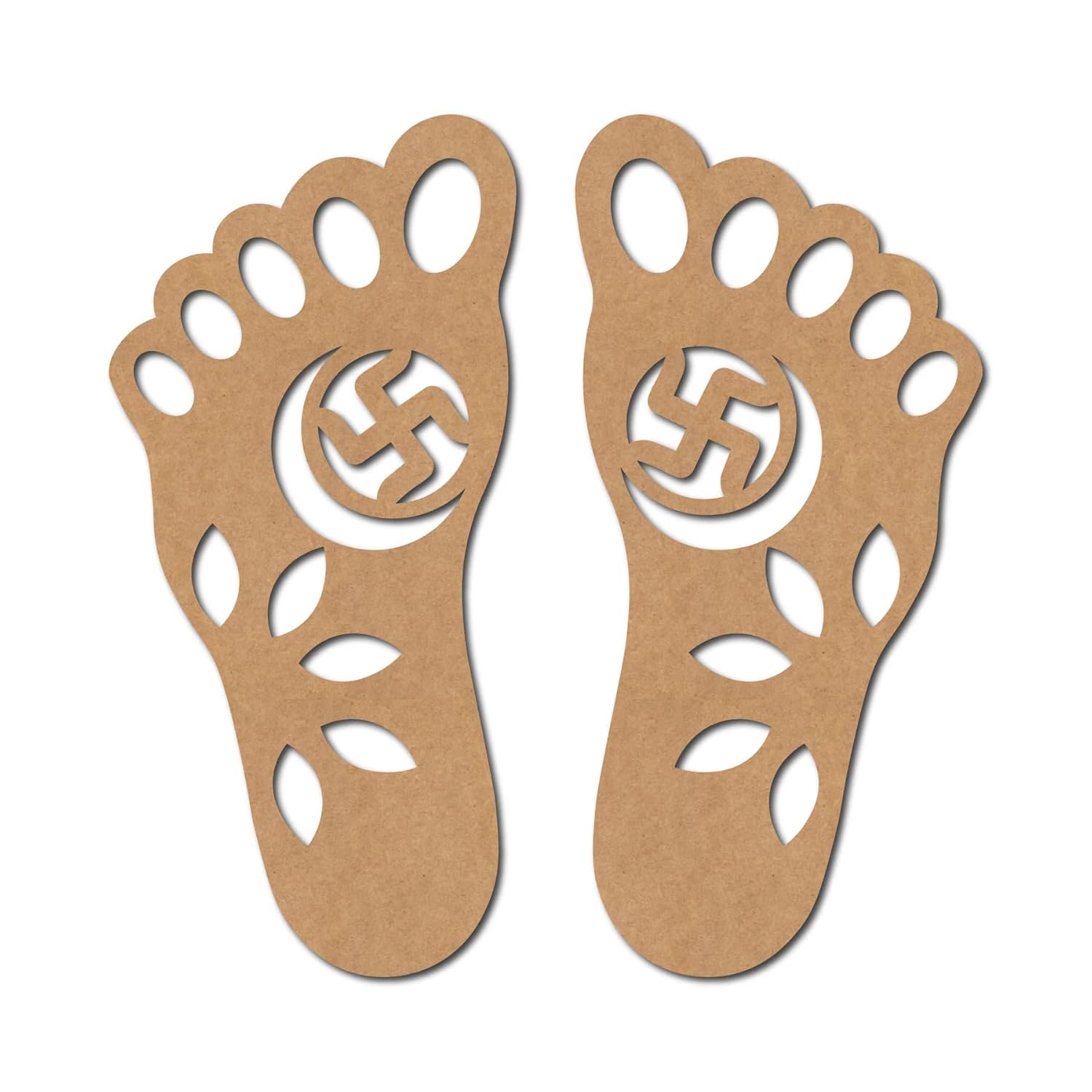 Two cardboard foot-shaped templates with a central swastika symbol on a white background.