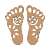 Two cardboard foot-shaped templates with a central swastika symbol on a white background.