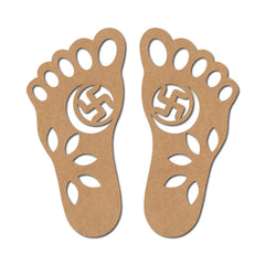 Two cardboard foot-shaped templates with a central swastika symbol on a white background.