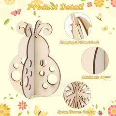 Wooden butterfly craft with detailed specifications on a floral background