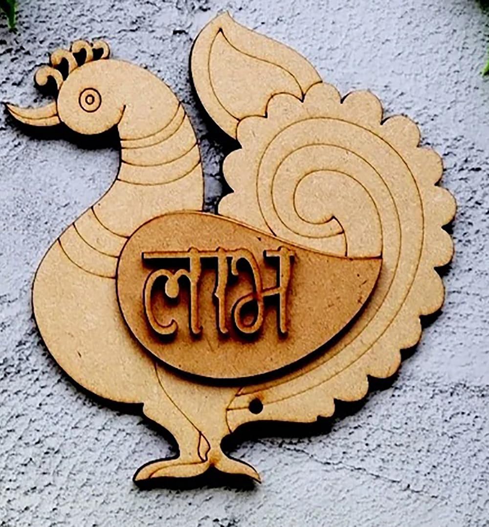 Wooden rooster-shaped decorative item with 'Lohri' text on a textured surface