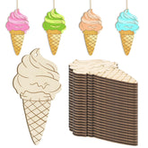Wooden ice cream cone decorations with colorful tops and a stack of plain brown cones.