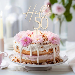 Cliths Wooden Hello 50 Cake Topper for 50th Birthday Anniversary Retirement Party Decorations