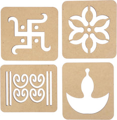 American Elm Set of 4 Wooden Swastik Rangoli Boards Readymade Template for DIY Holi Decoration Indian Traditional Festival Craft Easy to Use Reusable Rangoli Stencils Art Activity