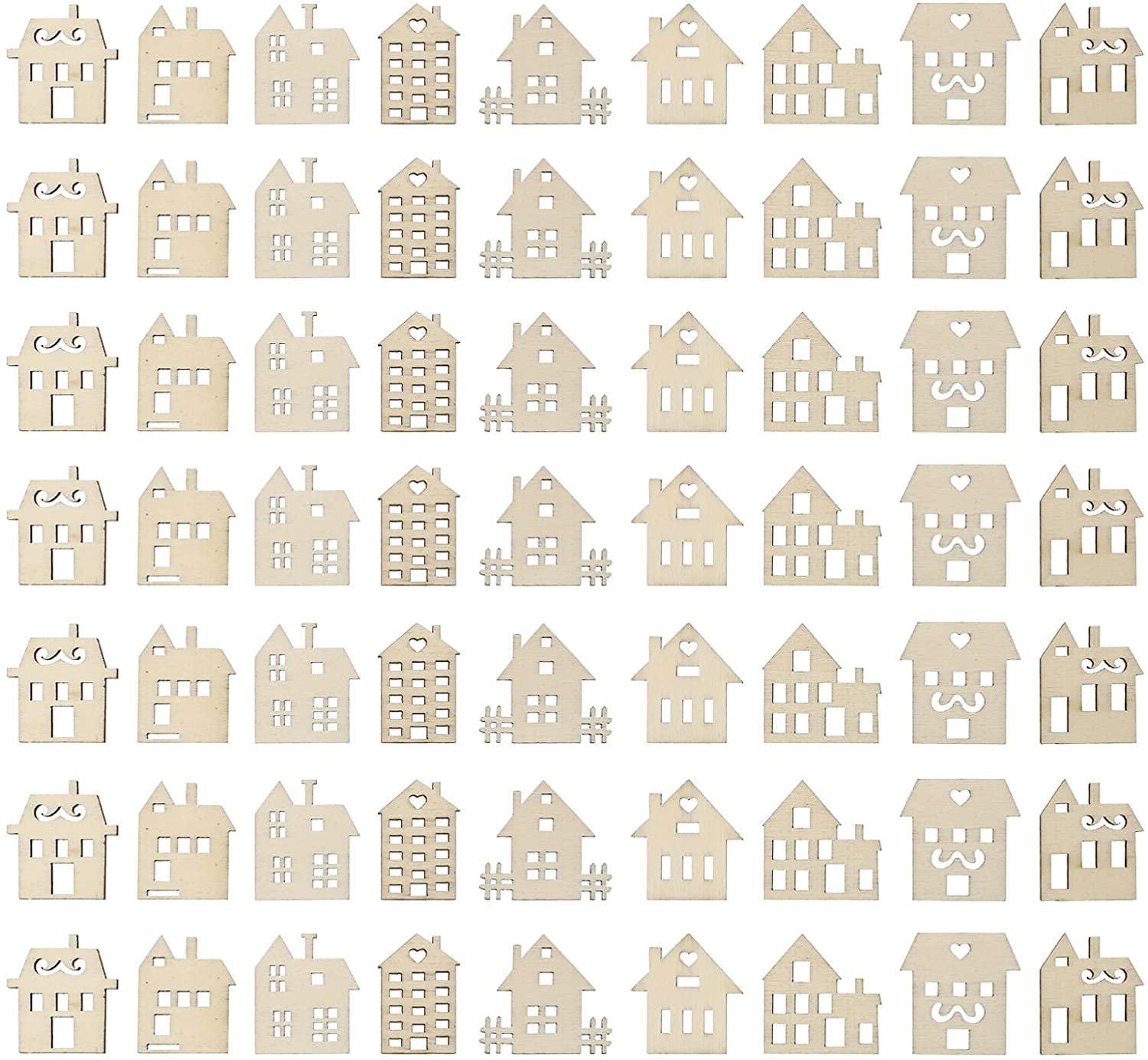 Pattern of small house shapes arranged in a grid on a white background
