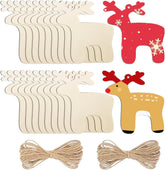 Set of wooden reindeer shapes with jute string for decoration on a white background
