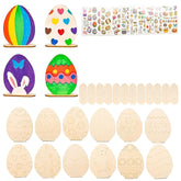 Assorted wooden Easter eggs with decorative elements on a white background
