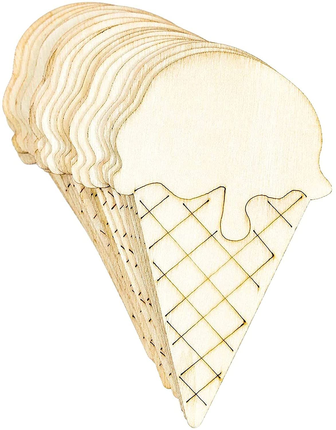 Wooden ice cream cone cutouts on a white background