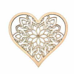 Wooden heart-shaped cutout with intricate lace pattern on a white background